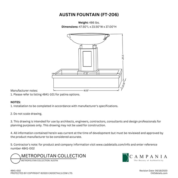 CAD drawing of the Austin Fountain with dimensions, weight, and manufacturer notes.
