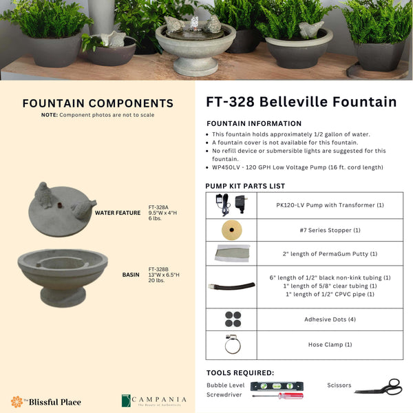 Complete overview of the Belleville Fountain with dimensions, weights, pump kit parts, tools, and general info.