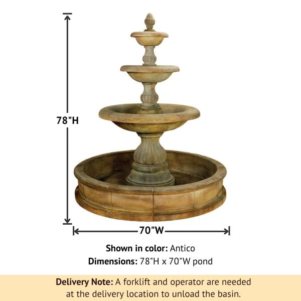 Isola Three Tier Pond Fountain against white background with product details.