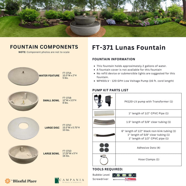 Complete overview of the Lunas Fountain with dimensions, weights, pump kit parts, tools, and general info.