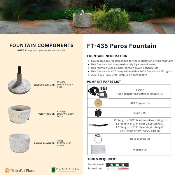 Complete overview of the Paros Fountain with dimensions, weights, pump kit parts, tools, and general info.