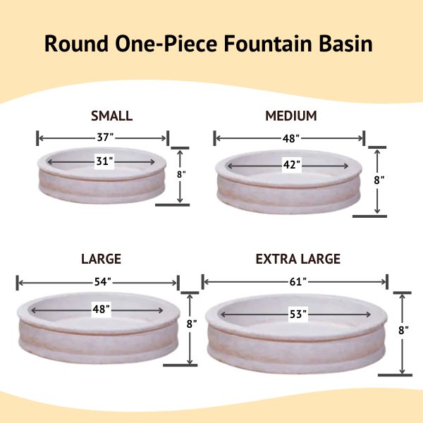 Round One Piece Fountain Basin with four sizes against white backdrop