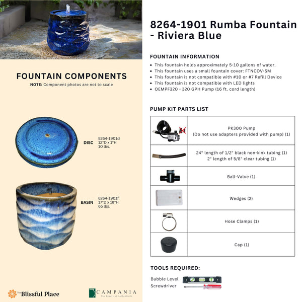 Complete overview of the Rumba Fountain - Riviera Blue with dimensions, weights, pump kit parts, tools, and general info.