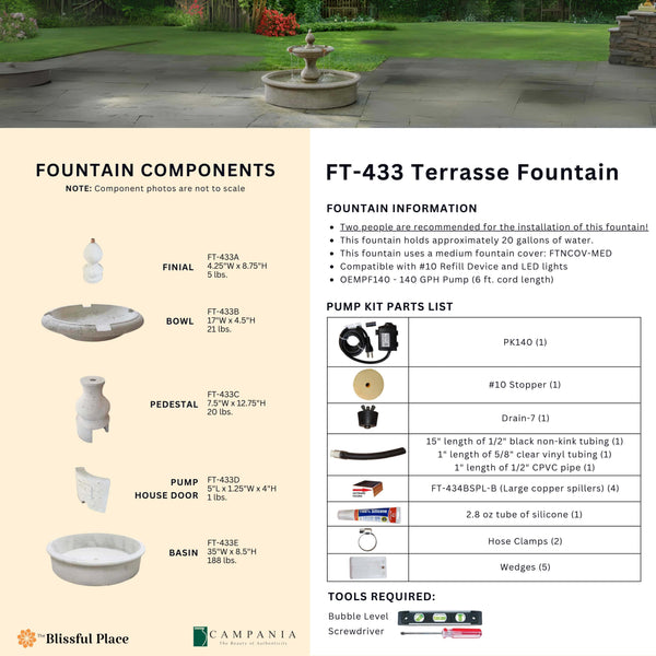 CAD drawing of the Terrasse Fountain with dimensions, weight, and manufacturer notes.