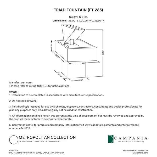 CAD drawing of the Triad Fountain with dimensions, weight, and manufacturer notes.