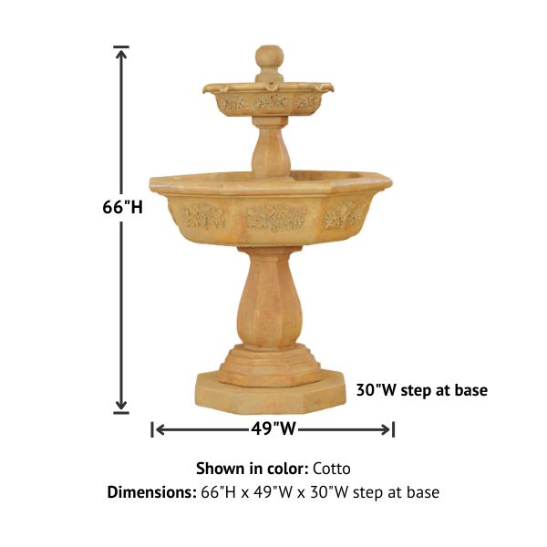 Uva Two Tier Fountain against white background with product details.