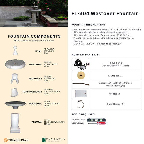 CAD drawing of the Westover Fountain with dimensions, weight, and manufacturer notes.