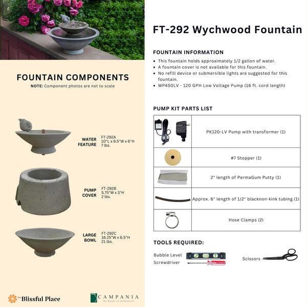 Complete overview of the Wychwood Fountain with dimensions, weights, pump kit parts, tools, and general info.
